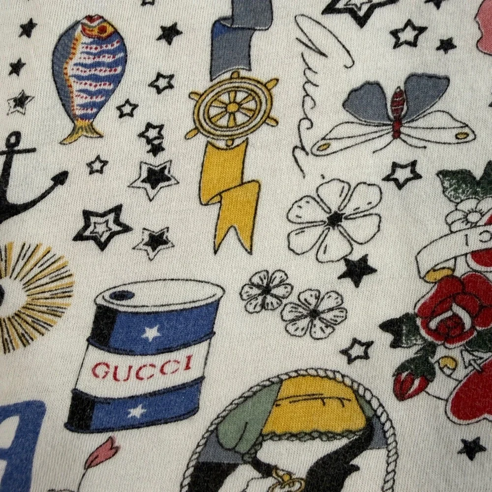 Gucci Mens Tattoo Print Polo Shirt Size 54 White Nautical Mermaid Made In Italy